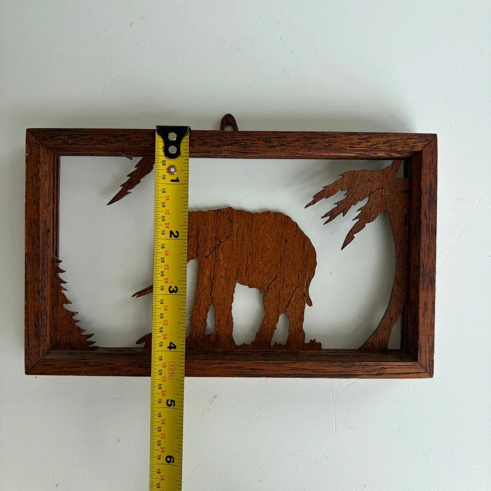 Vintage Hand Carved Wood Elephant Silhouette Shadow Box Wall Hanging Safari Art
